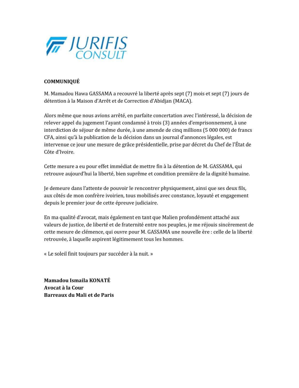 Communiqué officiel de l’avocat de Mamadou Hawa Gassama confirmant une mesure de grâce présidentielle en Côte d’Ivoire